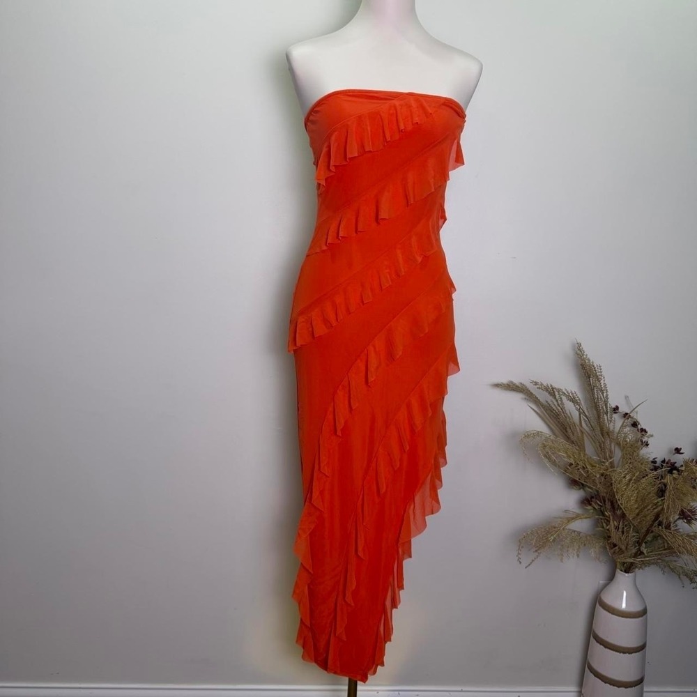 Pretty Garden Orange Ruffle Strapless Dress Size S